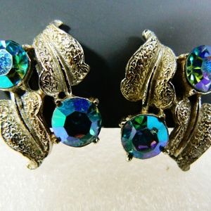 Vintage Coro signed Silver tone metal Blue Crystal Rhinestones clip on earrings
